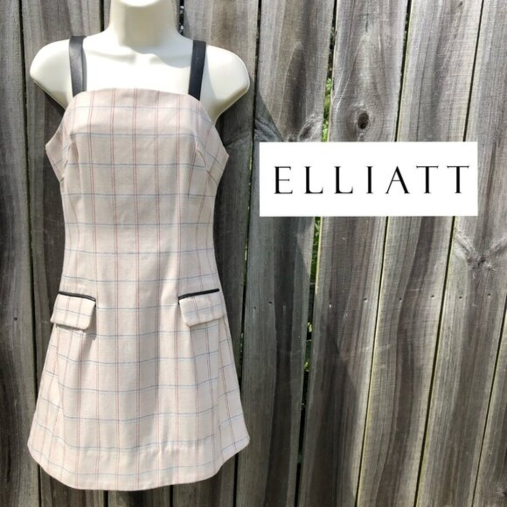 Elliatt Small Plaid Sleeveless Mini Dress Buckle Leather Trim Tan Red Blue